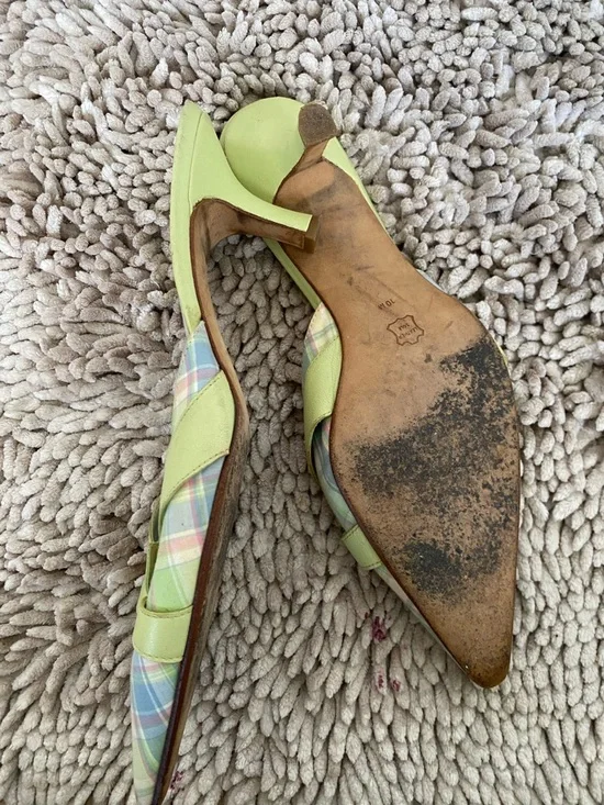 Etienne Aigner Pastel Plaid Pointed-Toe Mules with Lime Bow - Picture 4 of 4